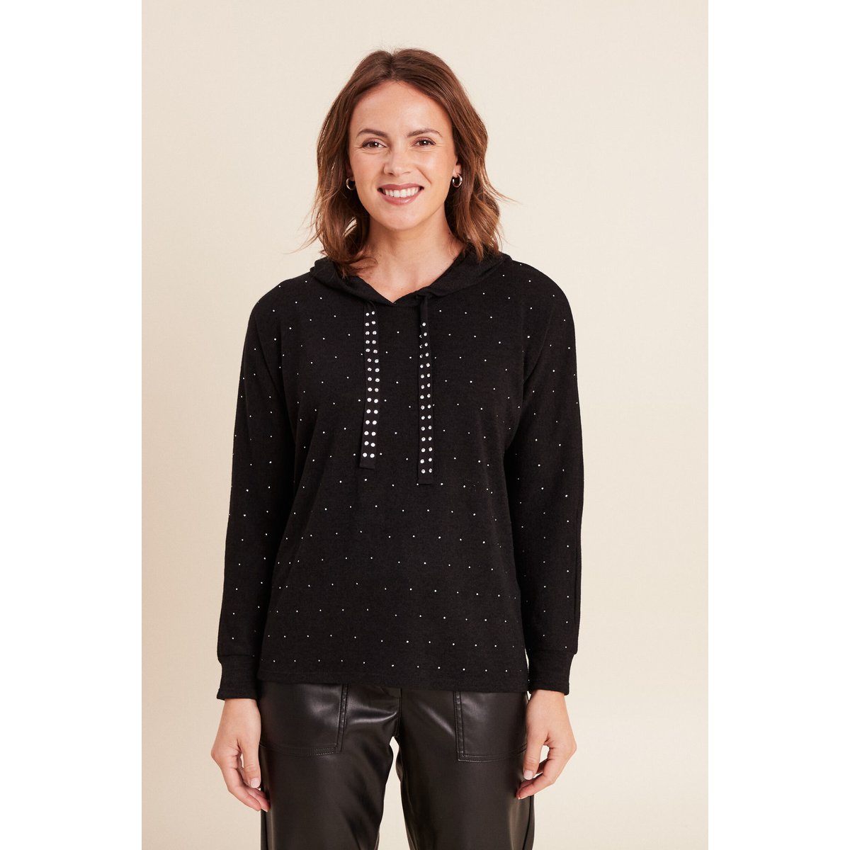 Pull à capuche manches longues strass noir, BREAL
