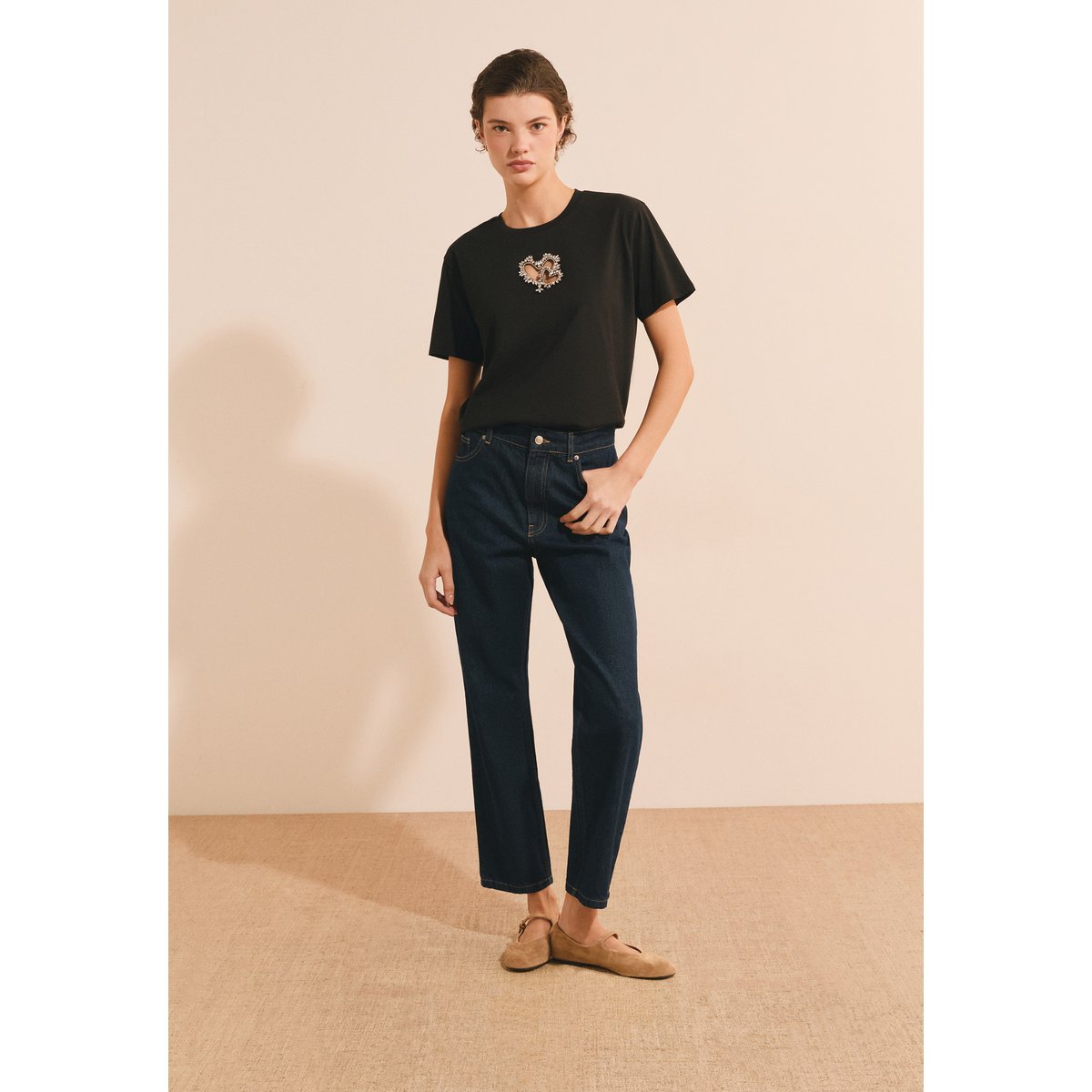 T-shirt manches courtes avec strass en forme de cœur en coton ALBANE noir, ETAM
