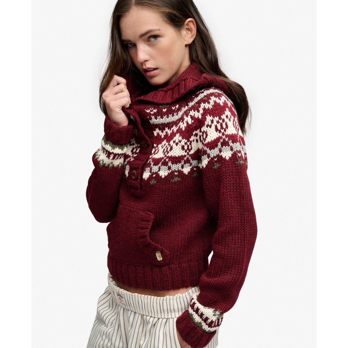 Sweat à capuche Fairisle ½ Bouton Coupe Décontractée rouge multi, SUPERDRY