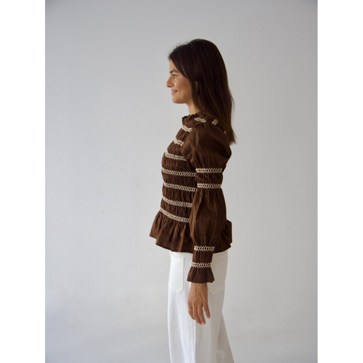 Blouse smockée manches bouffantes ELOISE marron, MINDTRAVELER