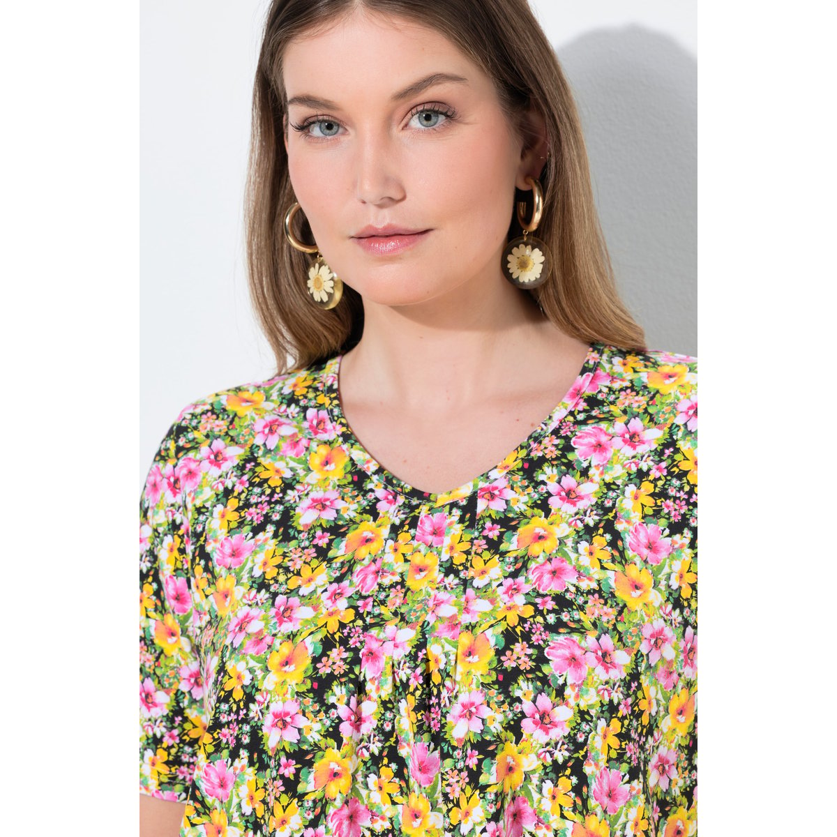 T-shirt avec plis fantaisie, coupe évasée noir, ULLA POPKEN
