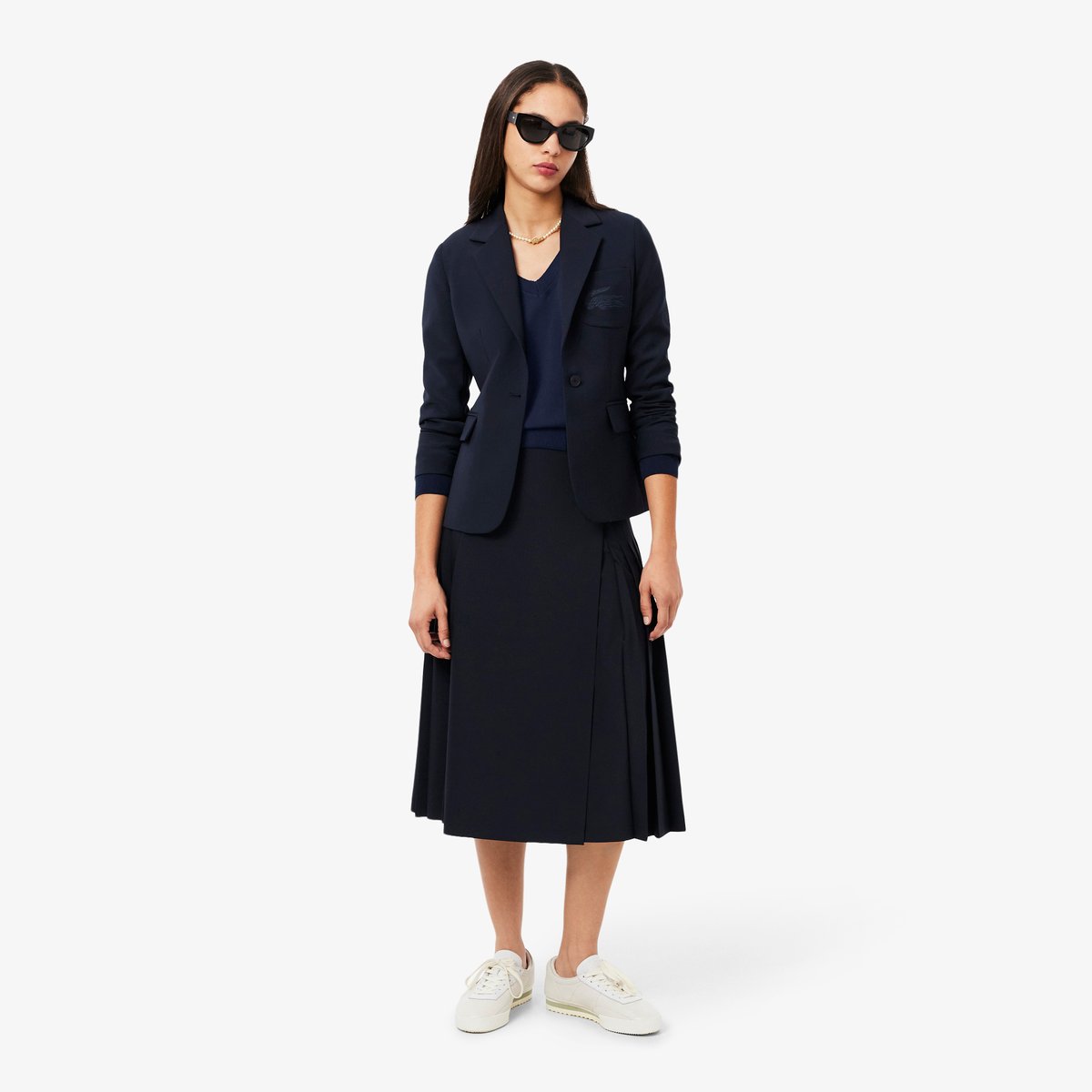 Pull col V maille sans coutures bleu-166, LACOSTE