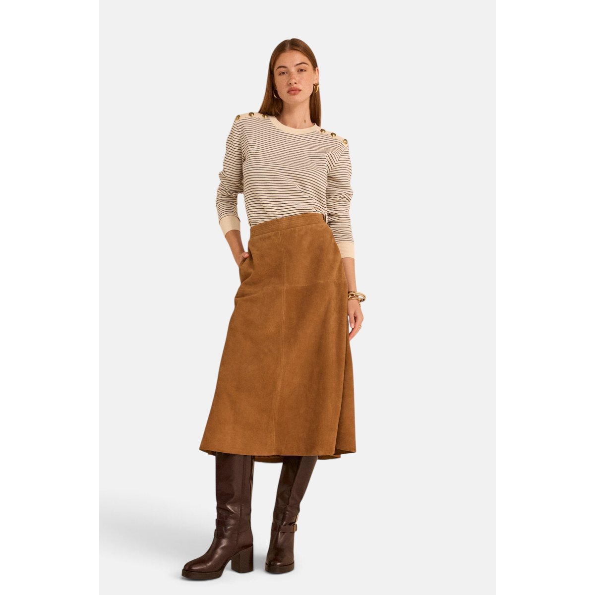 Jupe trapèze en suède VALERIA camel fonce, Maison 123