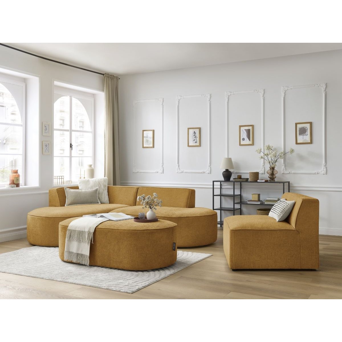 Canapé modulable 6 places en tissu texturé, ROUSSEAU jaune, BOBOCHIC