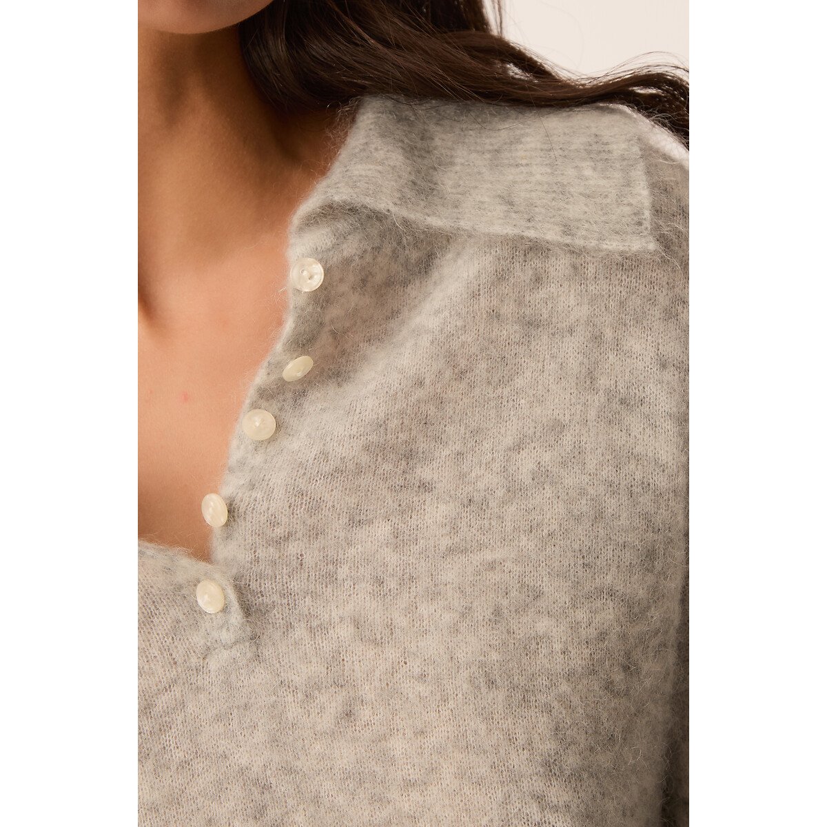 Pull à grand col polo, DOMITILLE gris chiné, DES PETITS HAUTS