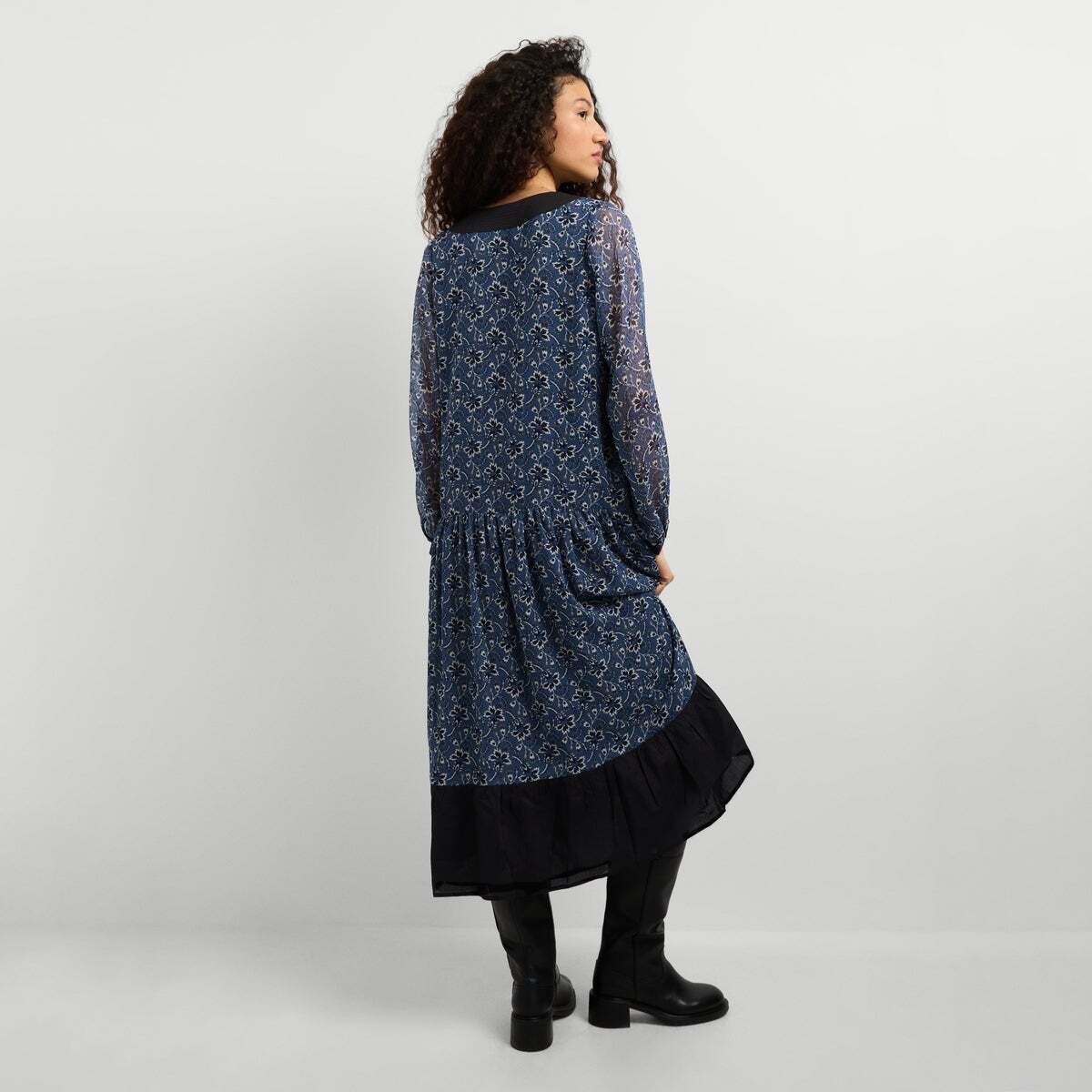 Robe Longue En Chiffon À Imprimé Floral bleu acier, PEPE JEANS