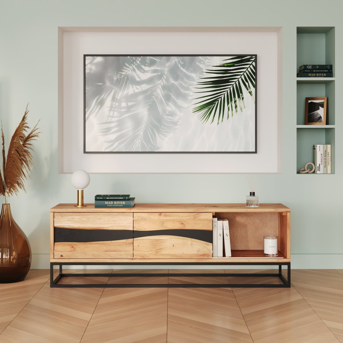 Meuble TV en bois d'acacia massif et métal 140 cm - ALABAMA bois clair et noir, MAISON PAVANE