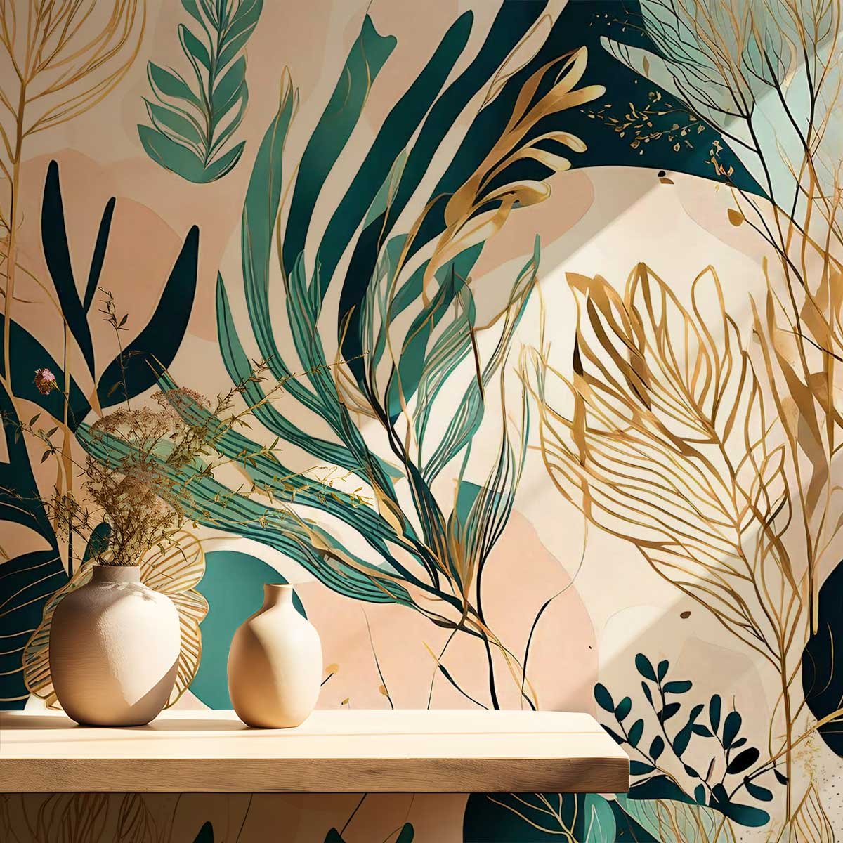 Papier peint feuillage dorée intissé, HEXOA