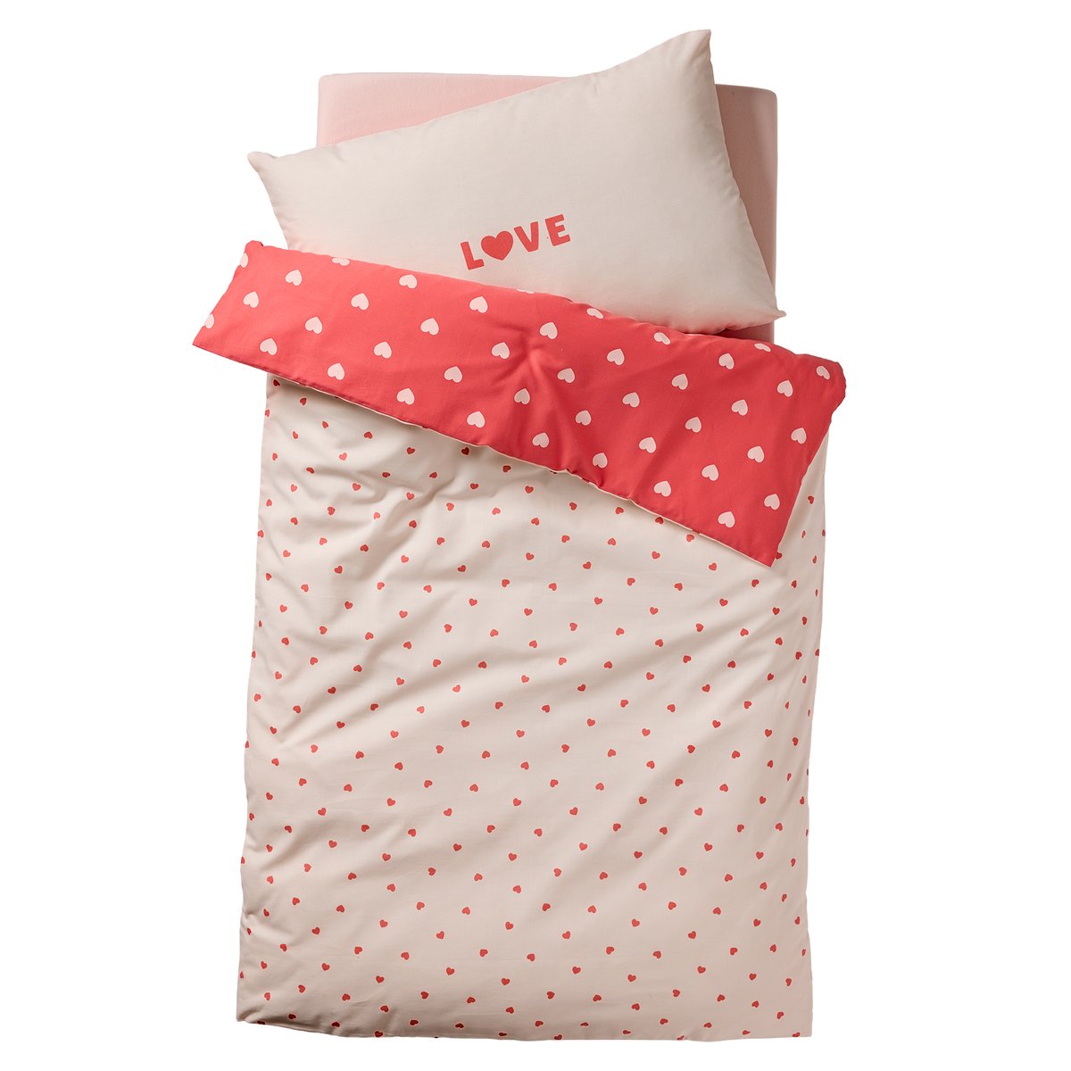 Parure housse de couette + taie d'oreiller MON CŒUR rose imprimé, VERTBAUDET
