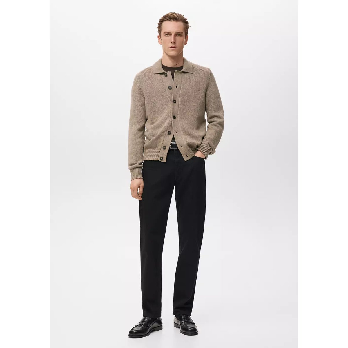 Cardigan maille laine mélangée beige, MANGO MAN