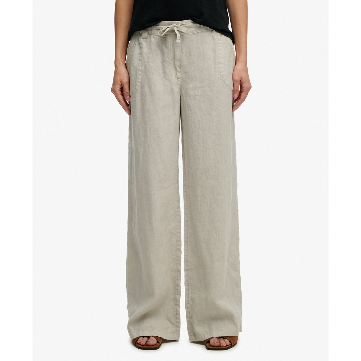 Pantalon taille basse en lin beige taupe clair, SUPERDRY