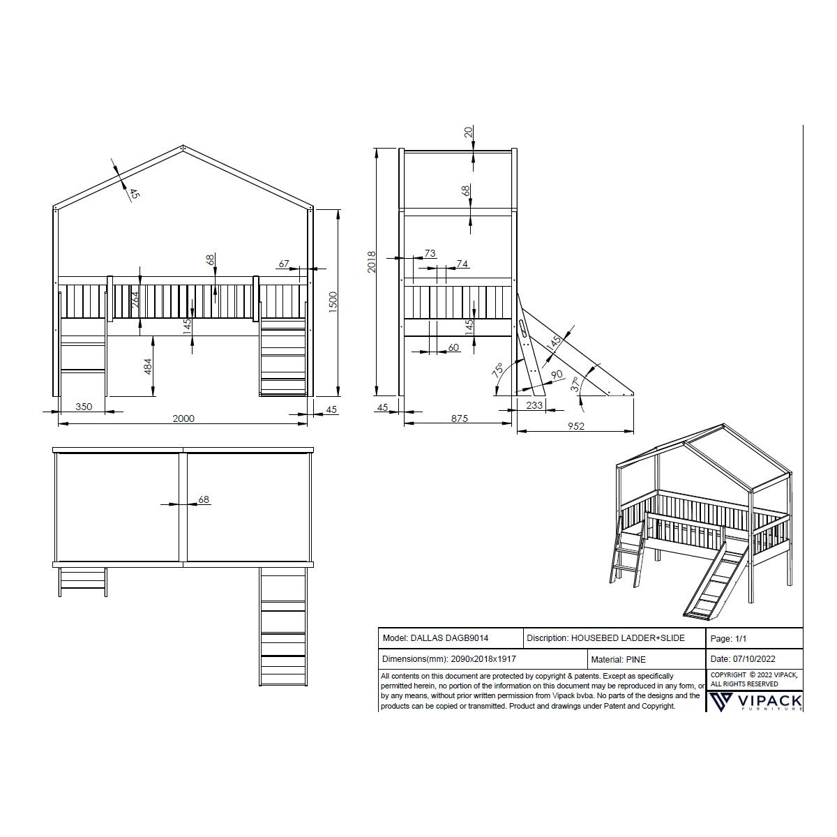 Lit cabane 90x200 DALLAS blanc couleur unique, VIPACK