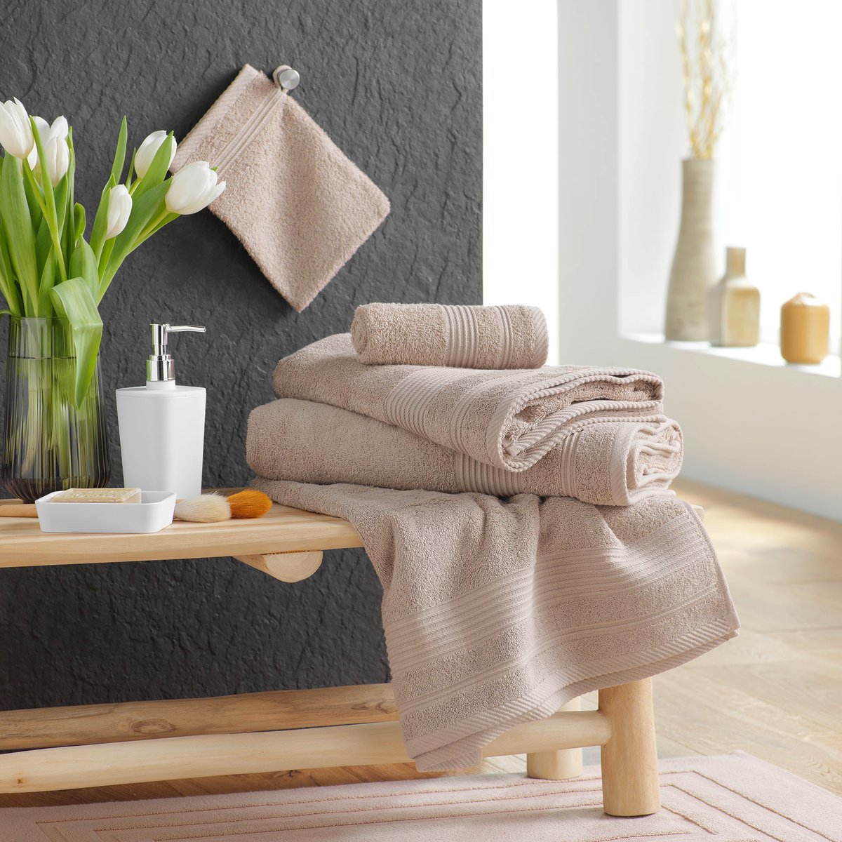Lot de 2 Gants de toilette Tendresse uni en coton taupe, EDEN