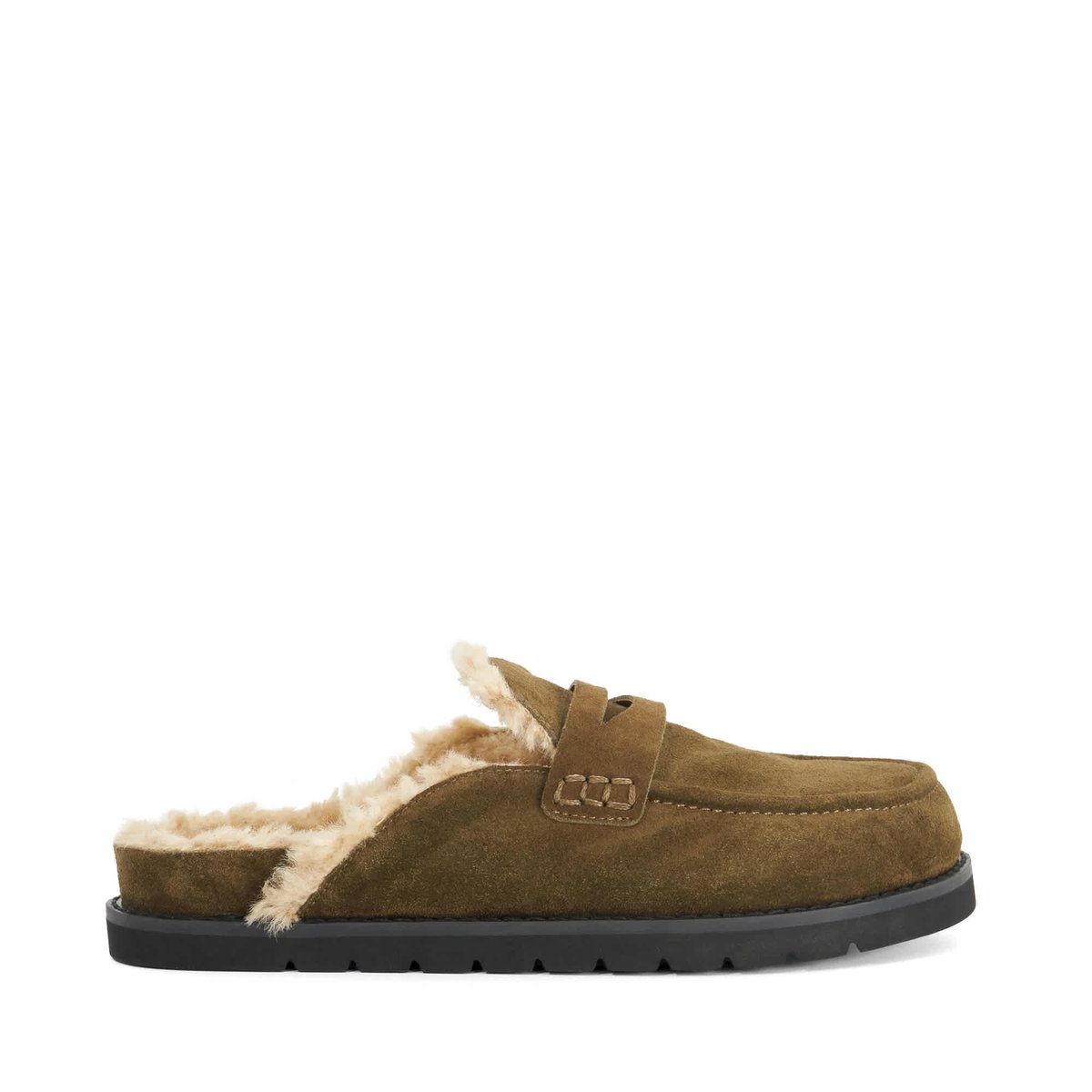 Mocassins mules en daim à arrière ouvert doublés imitation peau de mouton - GOLDY khaki-suede, DUNE LONDON