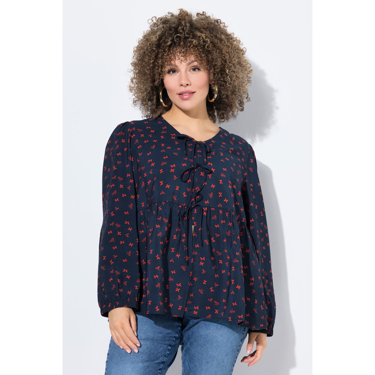 Blouse coupe évasée, imprimé petits nœuds marine, ULLA POPKEN