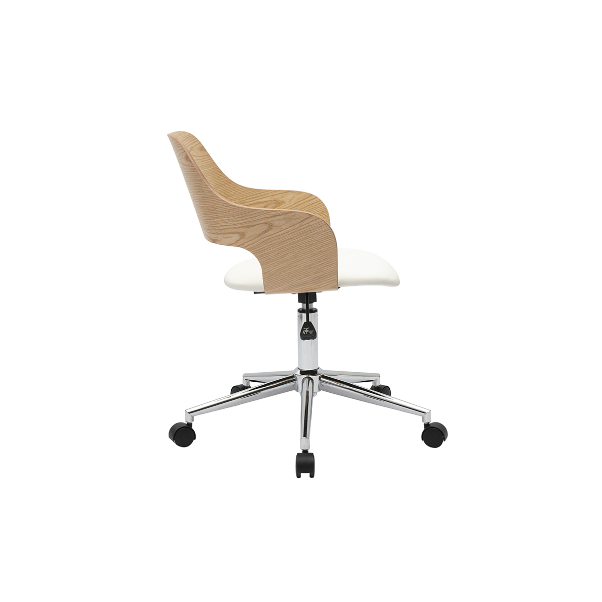 Chaise de bureau à roulettes design blanc, bois clair chêne et acier chromé JANET blanc, MILIBOO