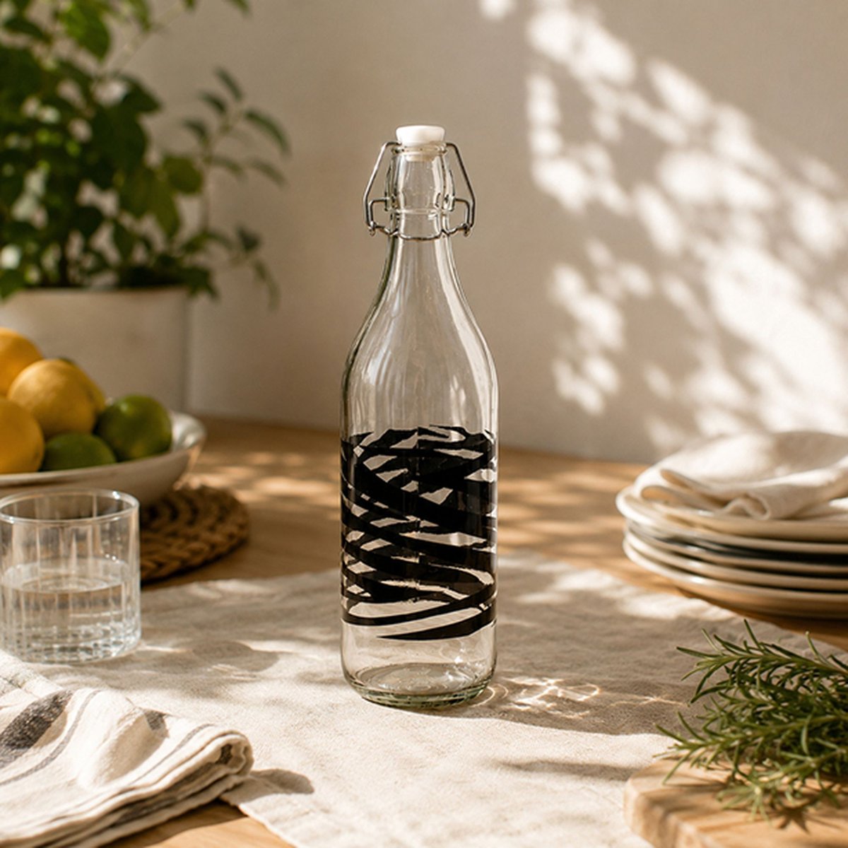 Bouteille 1 litre en verre, ZEBRE multicolore, NOVASTYL