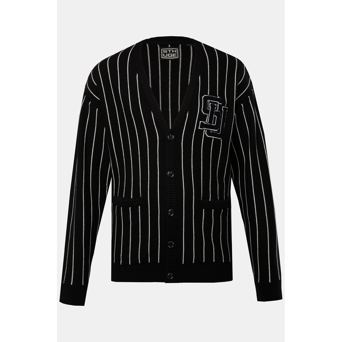 Cardigan col en V, fines rayures et flocage noir, STHUGE