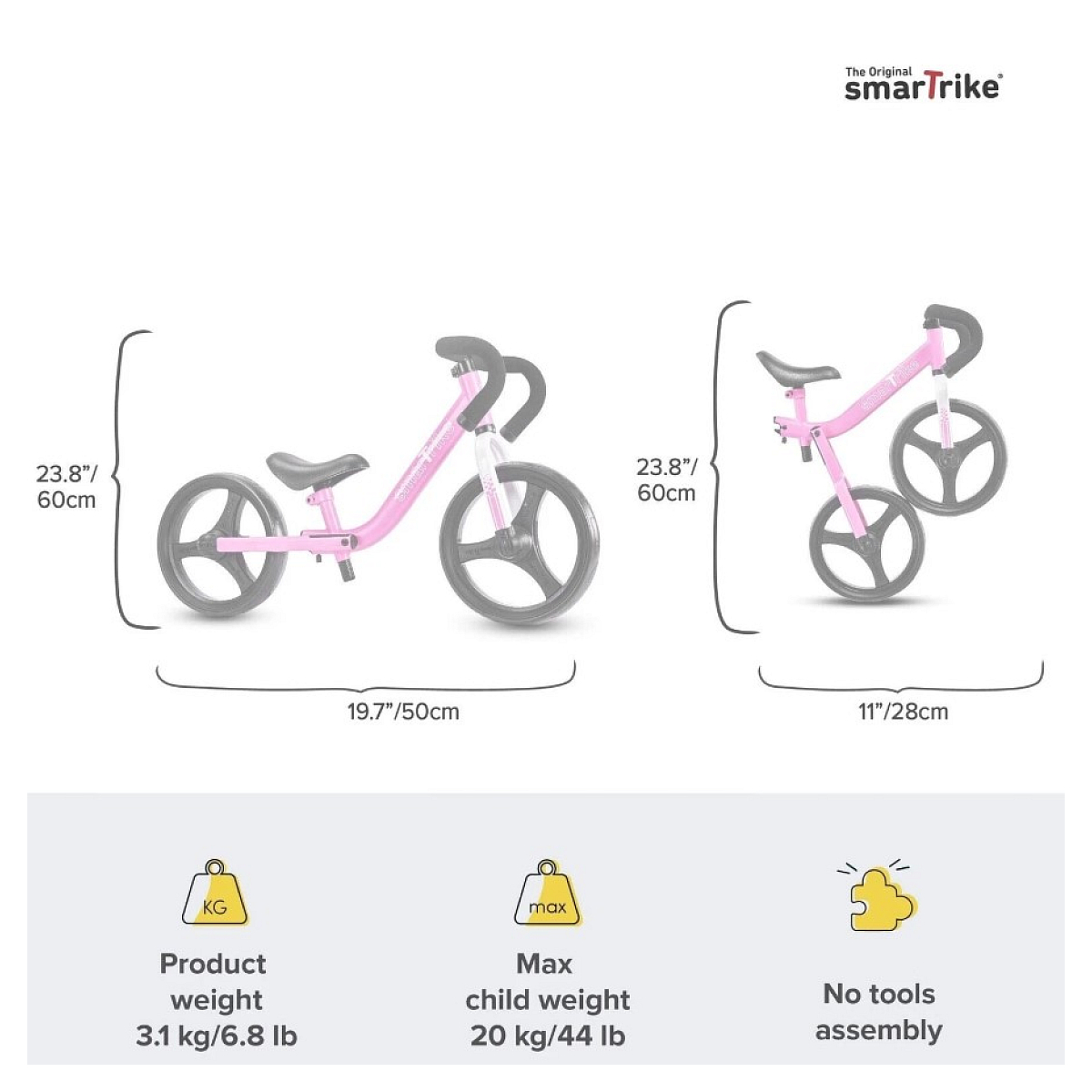 Draisienne rose pliable 82 cm couleur unique, SMARTRIKE