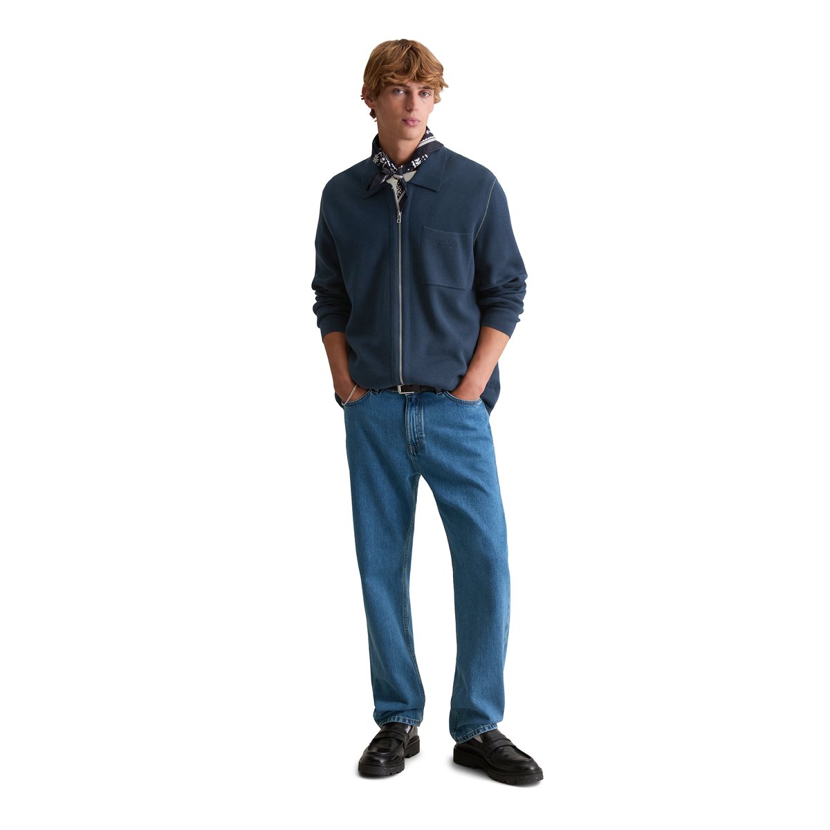 Veste en tricot loose avec fermeture éclair et col polo bleu foncé, MARC O’POLO DENIM