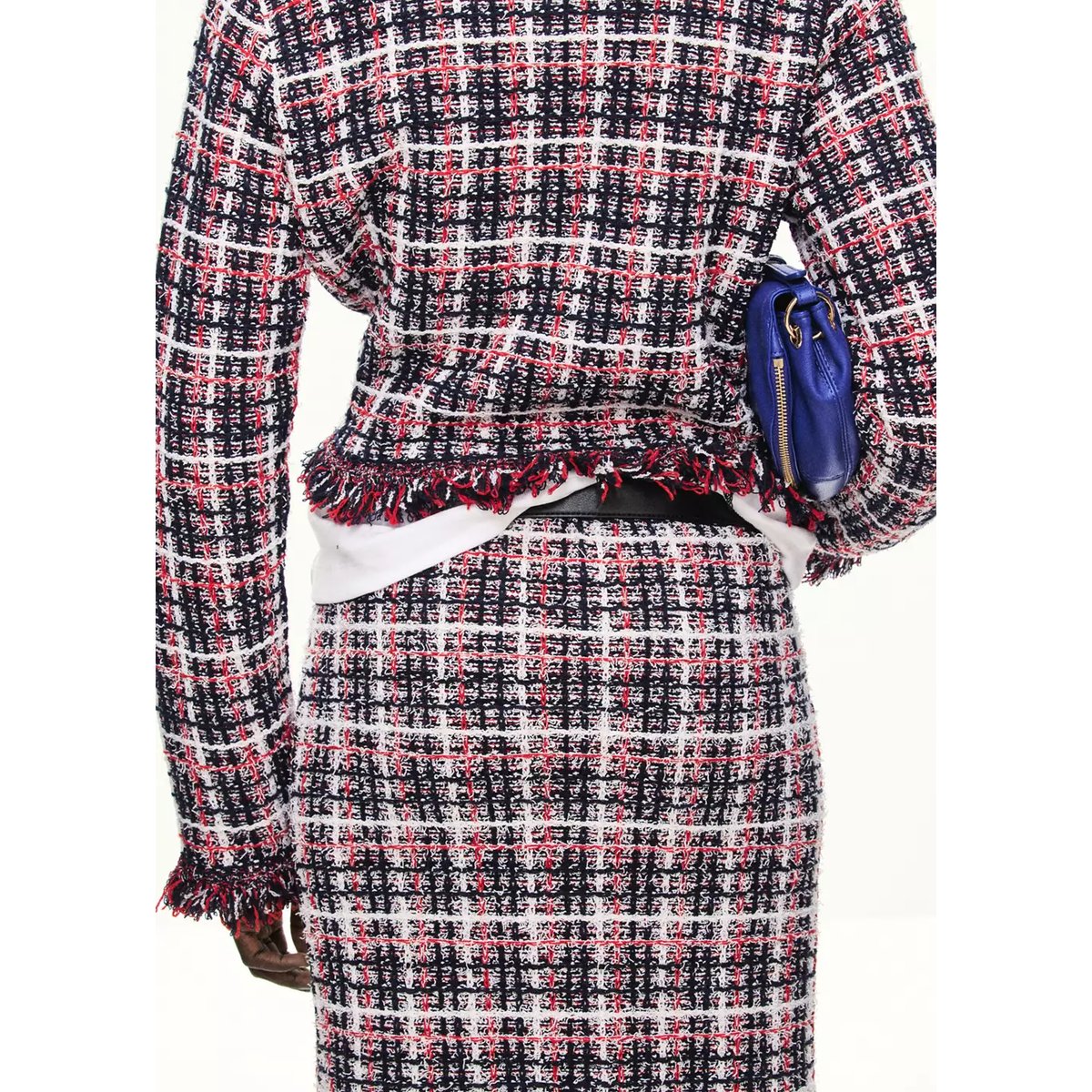 Veste en tweed à carreaux avec franges bleu marine, MANGO