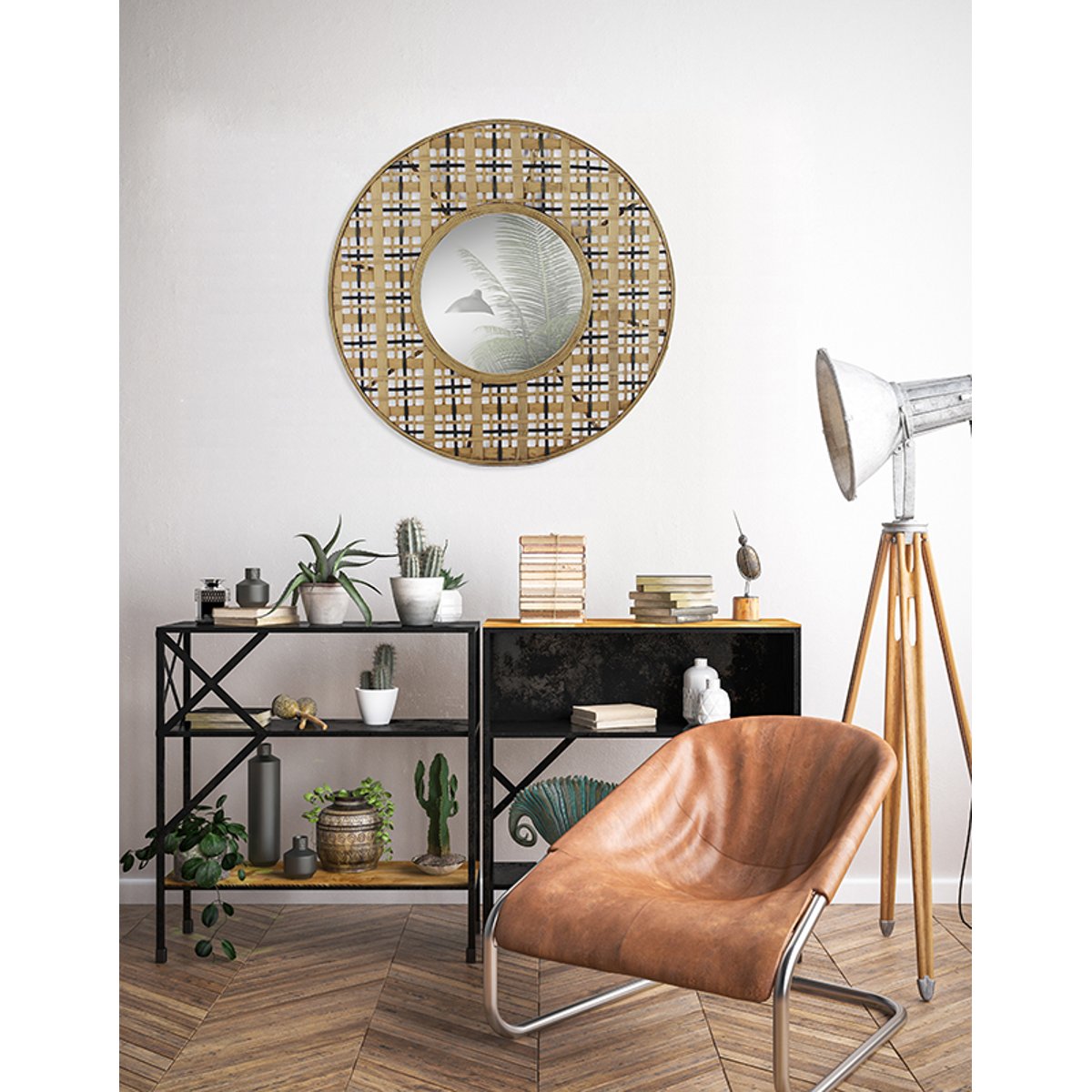 Miroir rond en bambou 80cm beige, EMDE