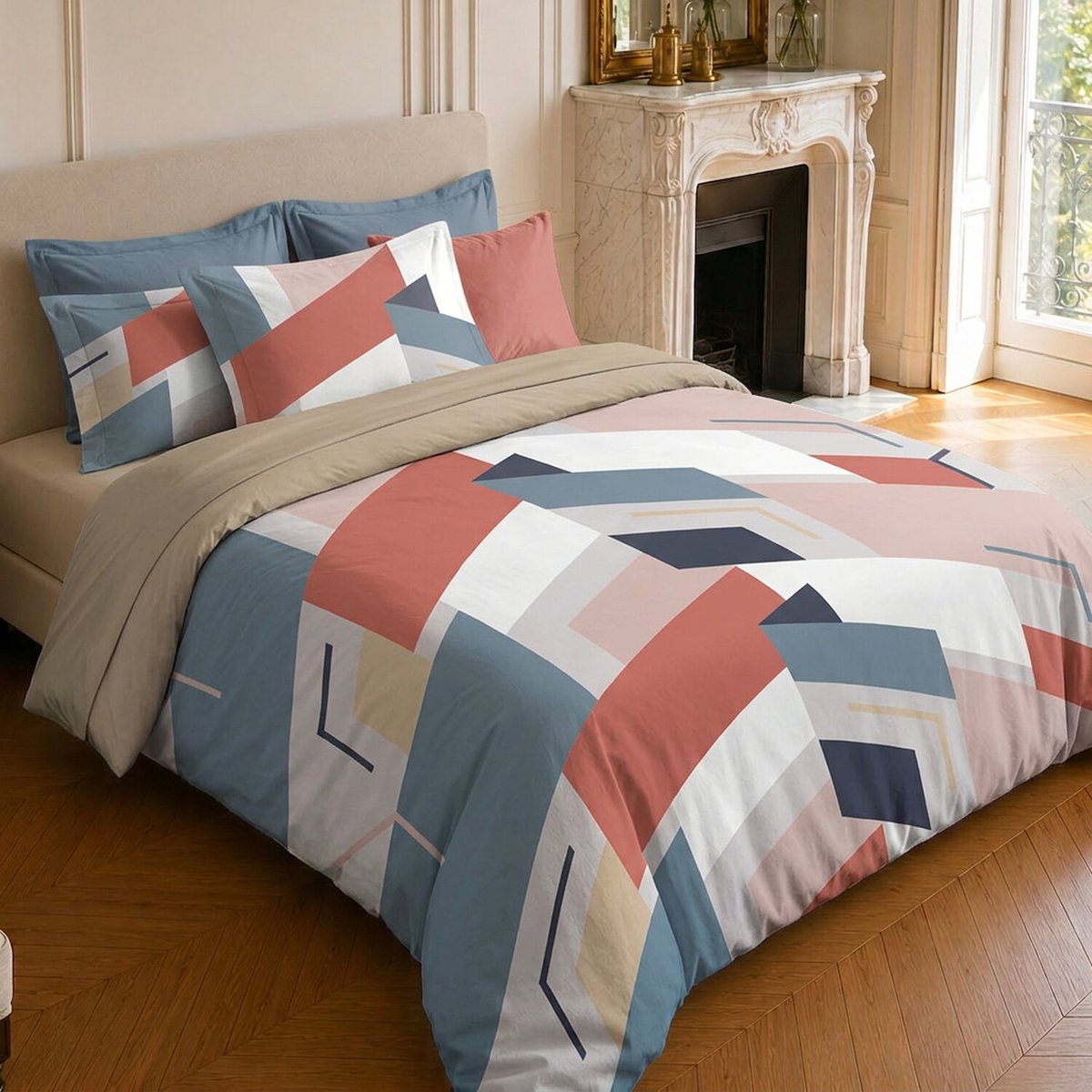 Parure de lit en microfibre motif géométrique, PEPITE corail, C DESIGN HOME TEXTILE