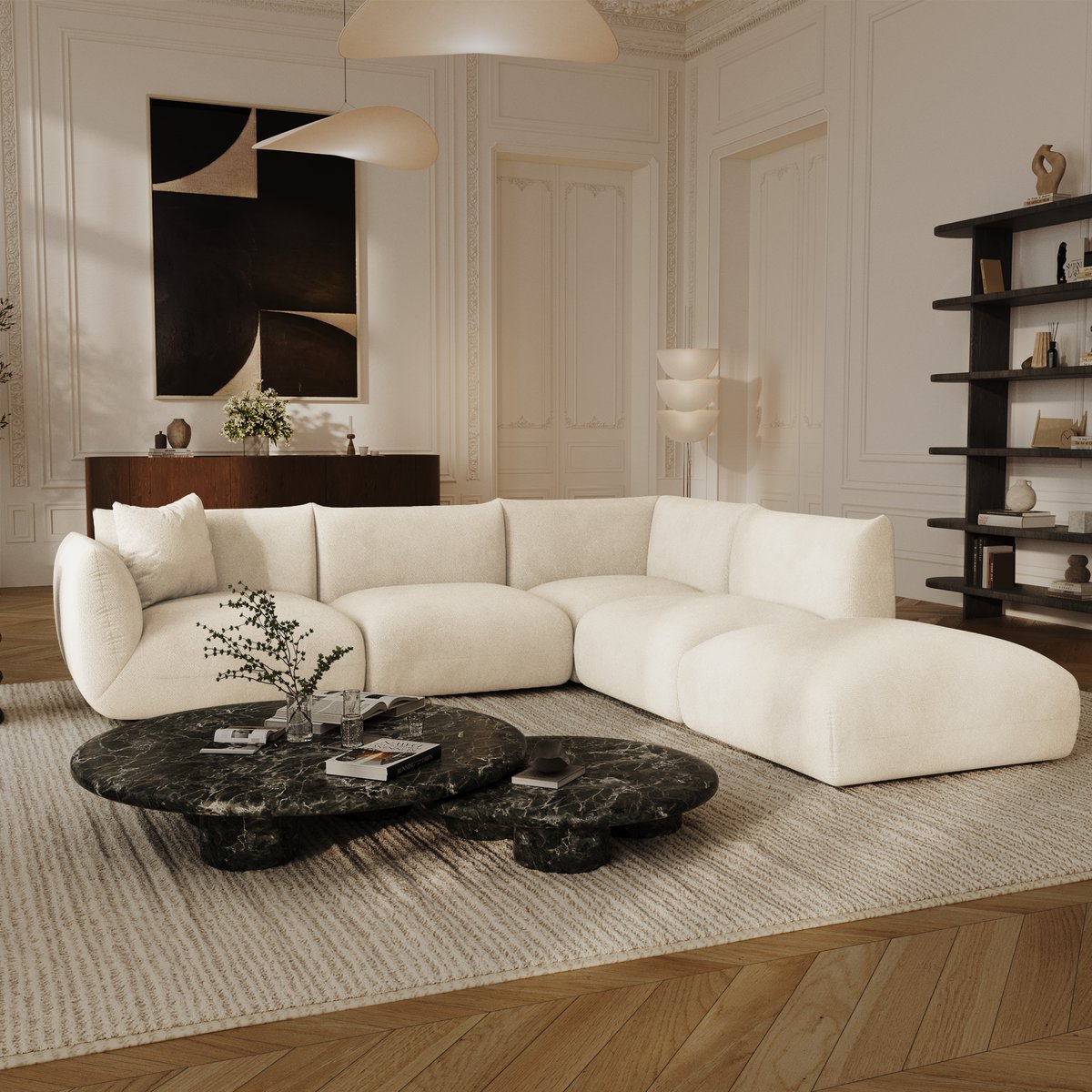 Canapé grand angle droit modulable 7 places en velours chenillé NOOMA crème, SIA HOME