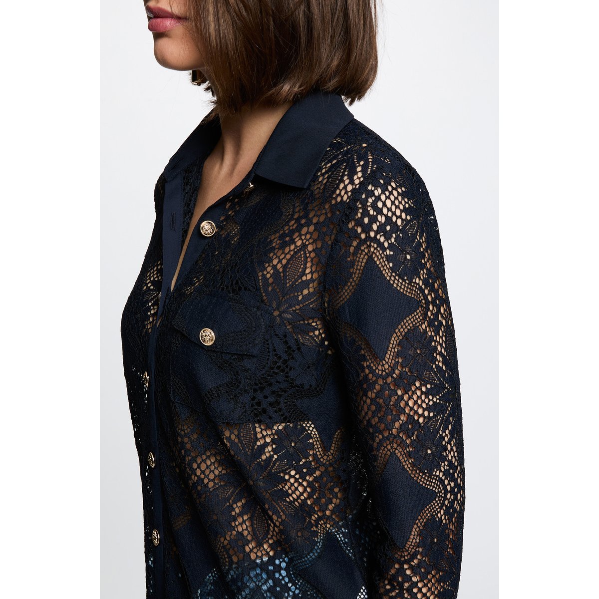 Chemise dentelle col à revers bleu marine, MORGAN