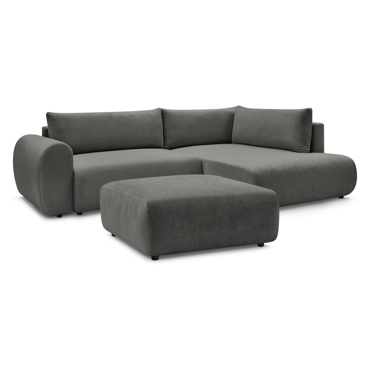 Canapé d'angle convertible 4 places en tissu lisse avec pouf, LUCIEN gris foncé, BOBOCHIC