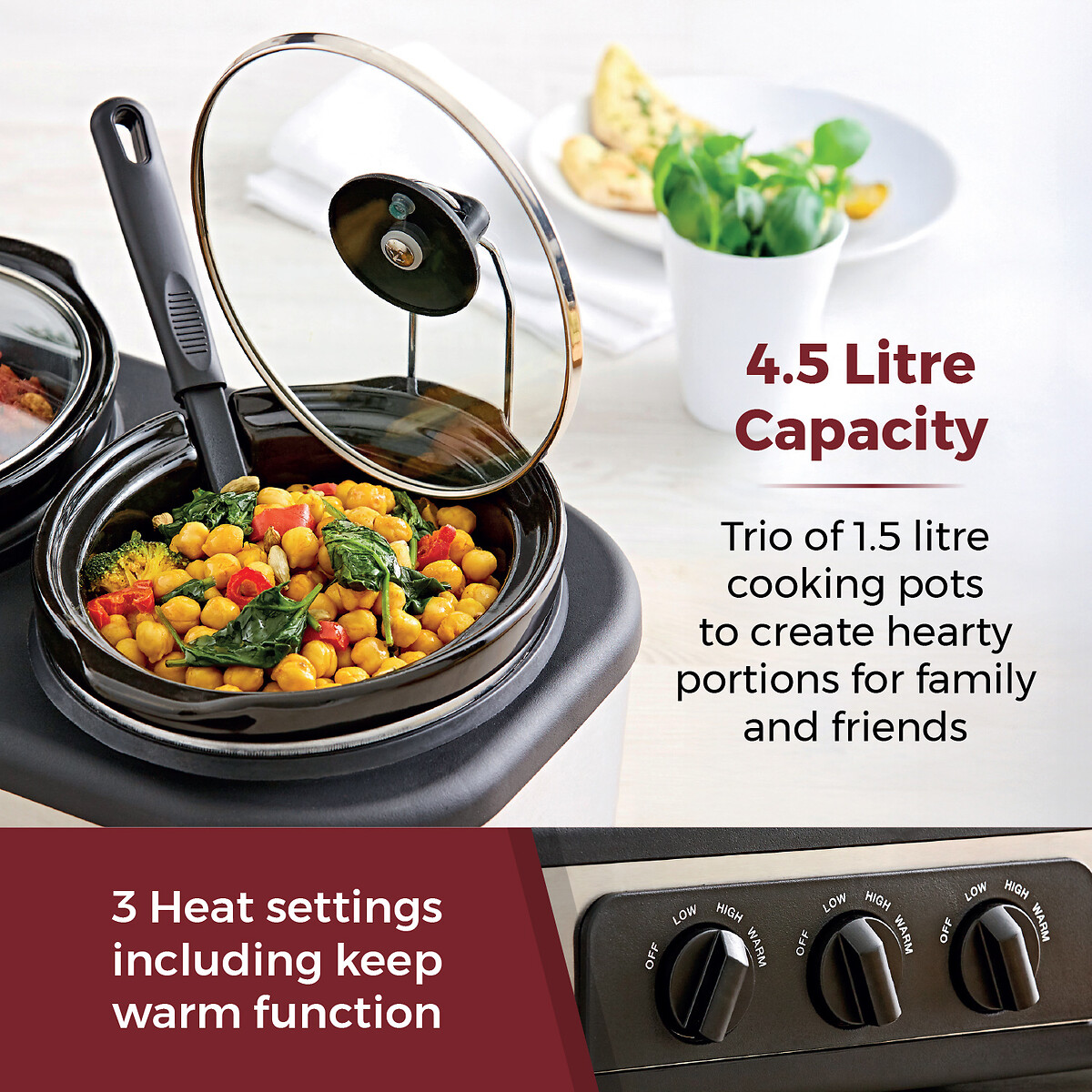 Three Pot 4.5L Slow Cooker - T16015 black, TOWER