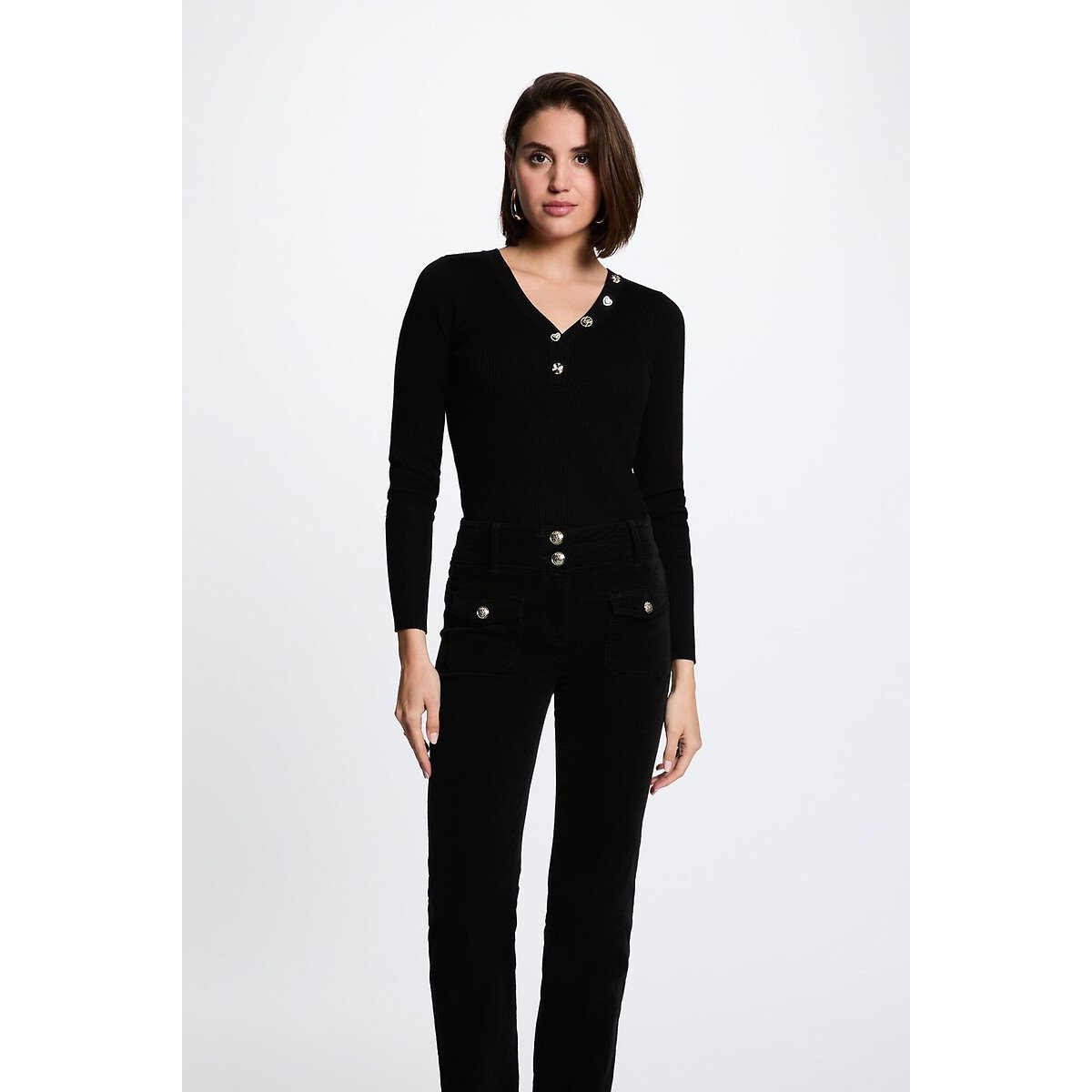 Pull col V fantaisie noir, MORGAN