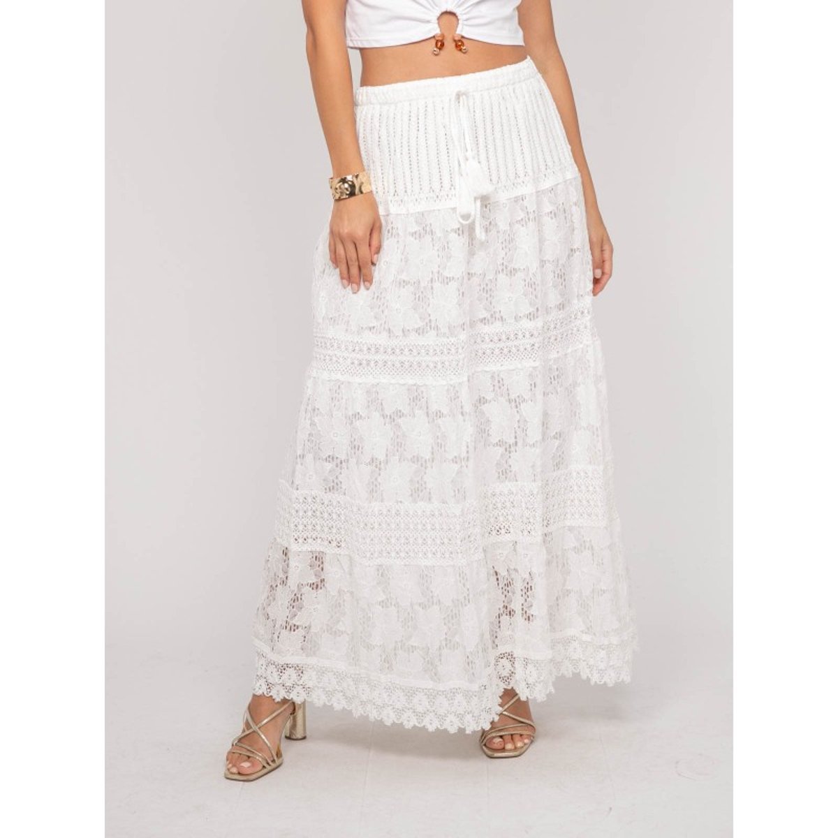 Jupe Longue Dentelle Xestina blanc, DONA LISA