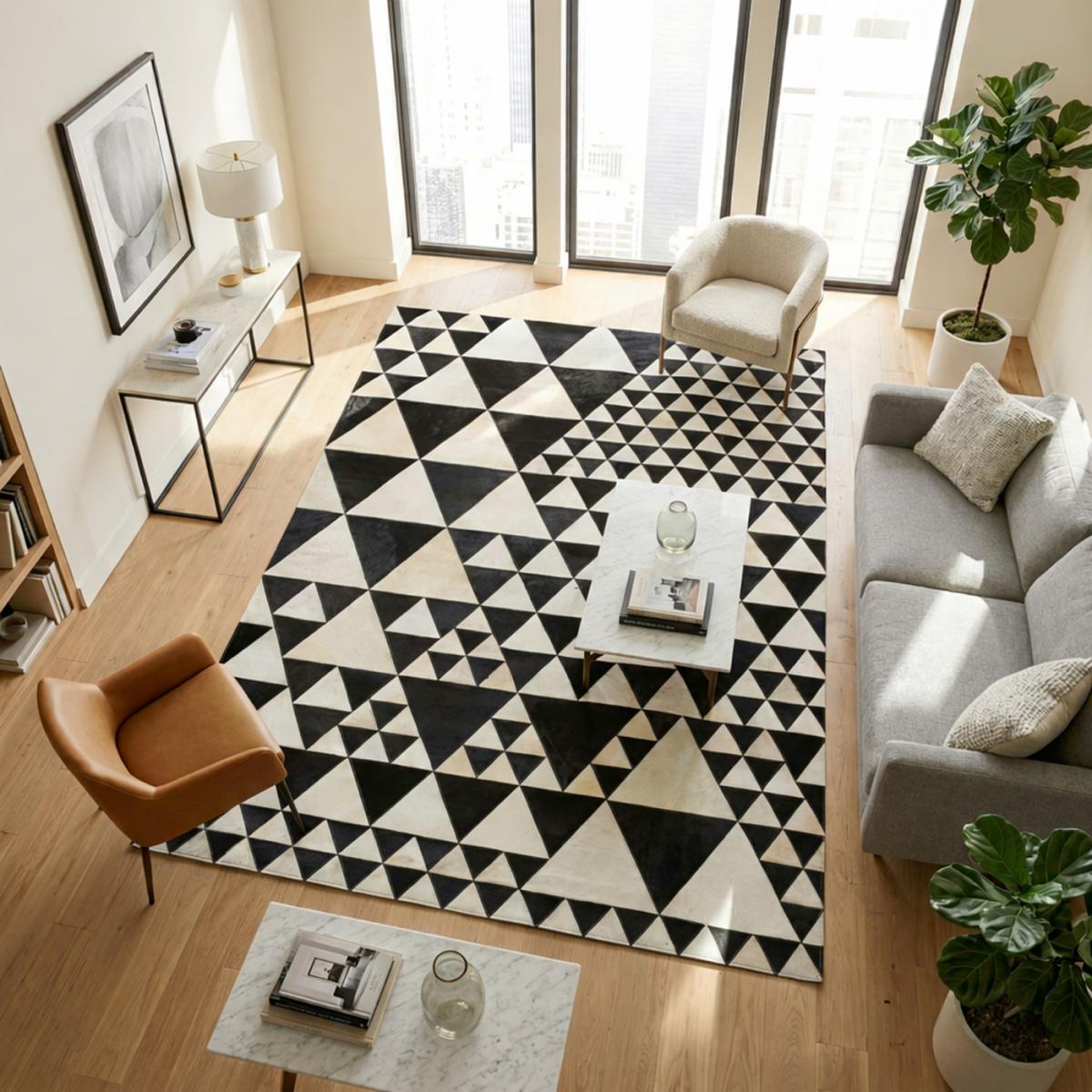 Tapis en peau de vache kilm TRIBLACK, fait à la main noir, blanc, UN AMOUR DE TAPIS