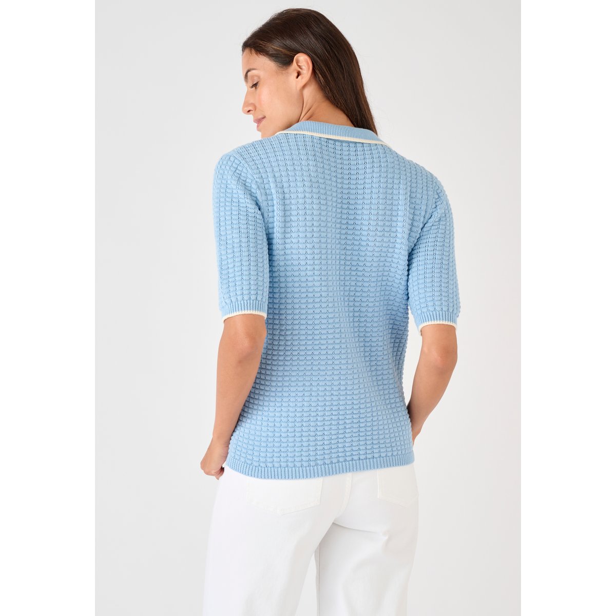 Pull col polo maille gaufrée bleu, DAMART