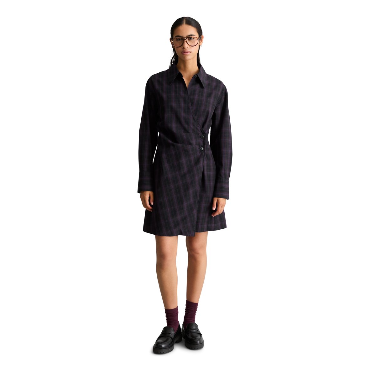 Robe ajustée en coton à carreaux avec effet drapé noir, MARC O’POLO DENIM