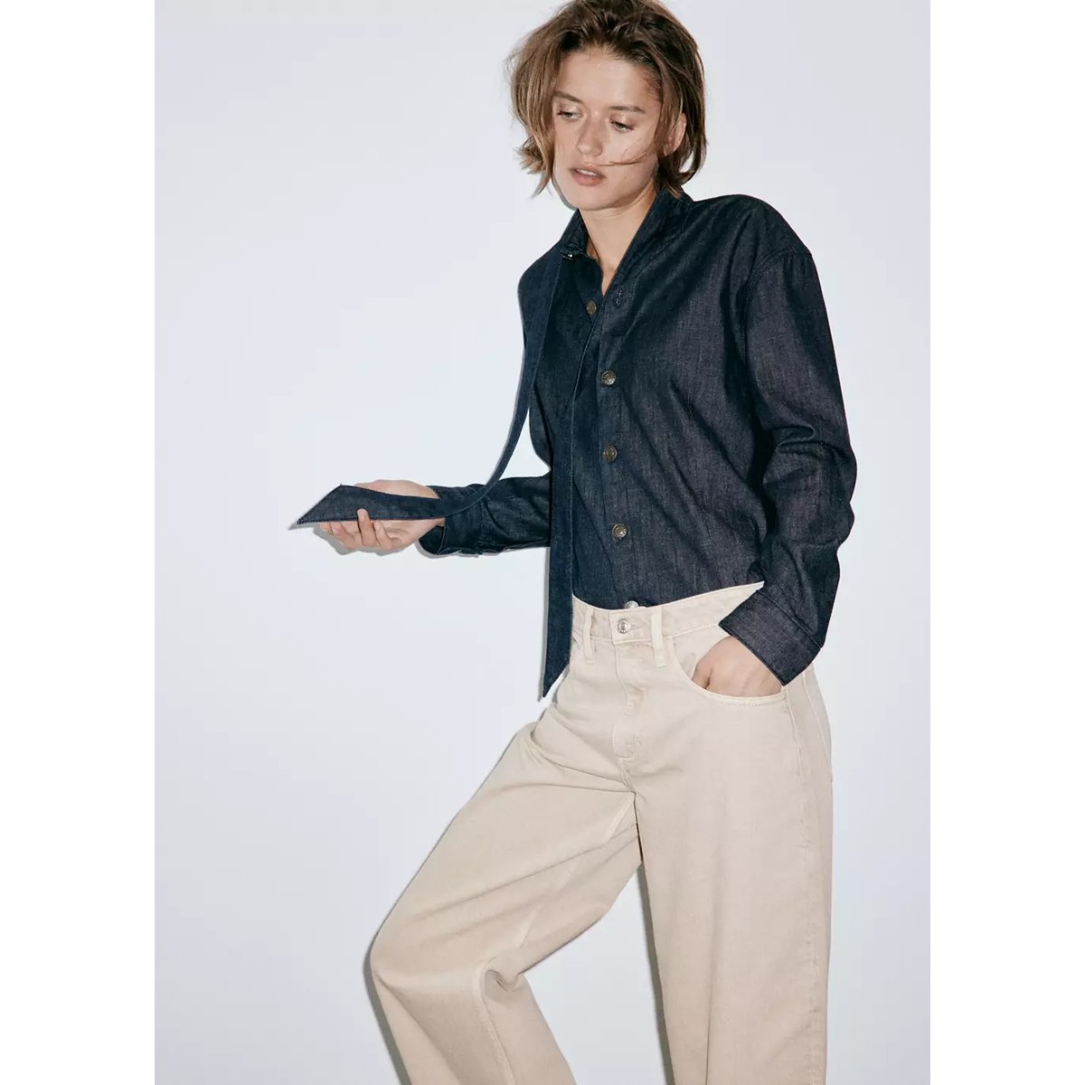 Jean balloon taille haute sable, MANGO
