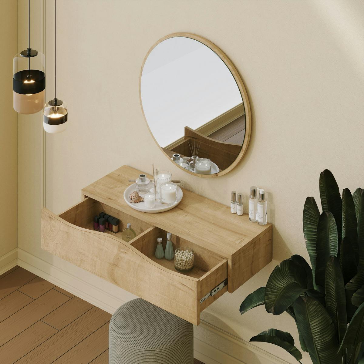 Coiffeuse murale 2 tiroirs + miroir MARFA chêne, PIER IMPORT