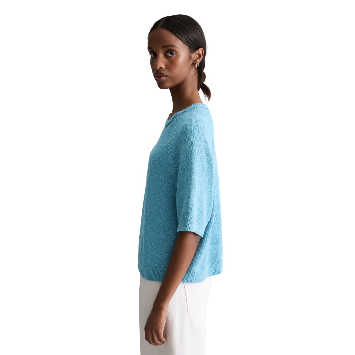 Pull à manches courtes regular en fil Cotton Slub bleu clair, MARC O’POLO DENIM