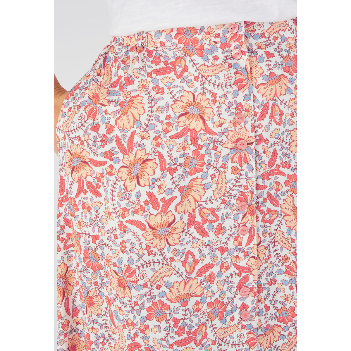 Jupe boutonnée pure viscose blanc ecru fleuri, DAMART