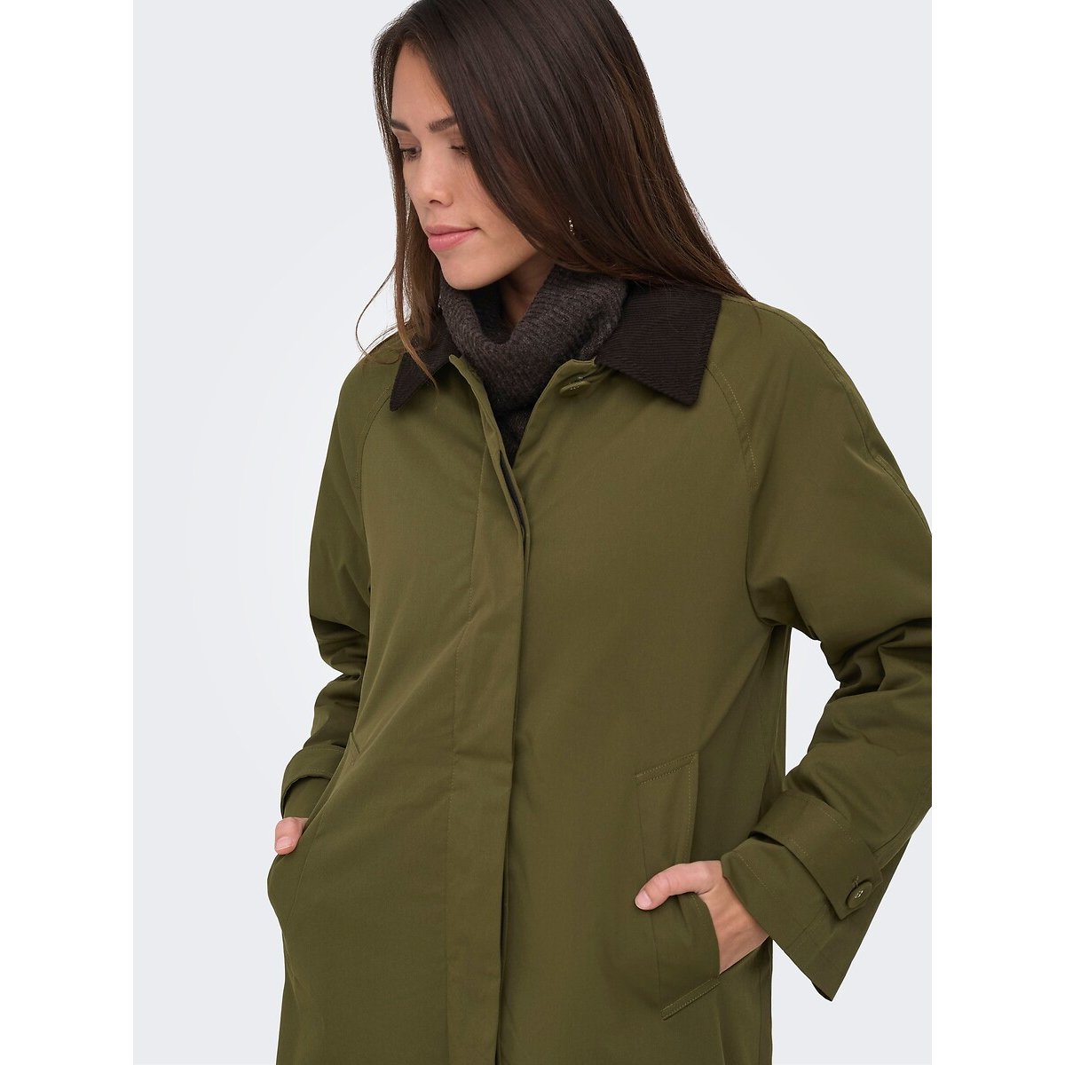 Long Dual Fabric Polo Collar Trench Coat khaki green, ONLY