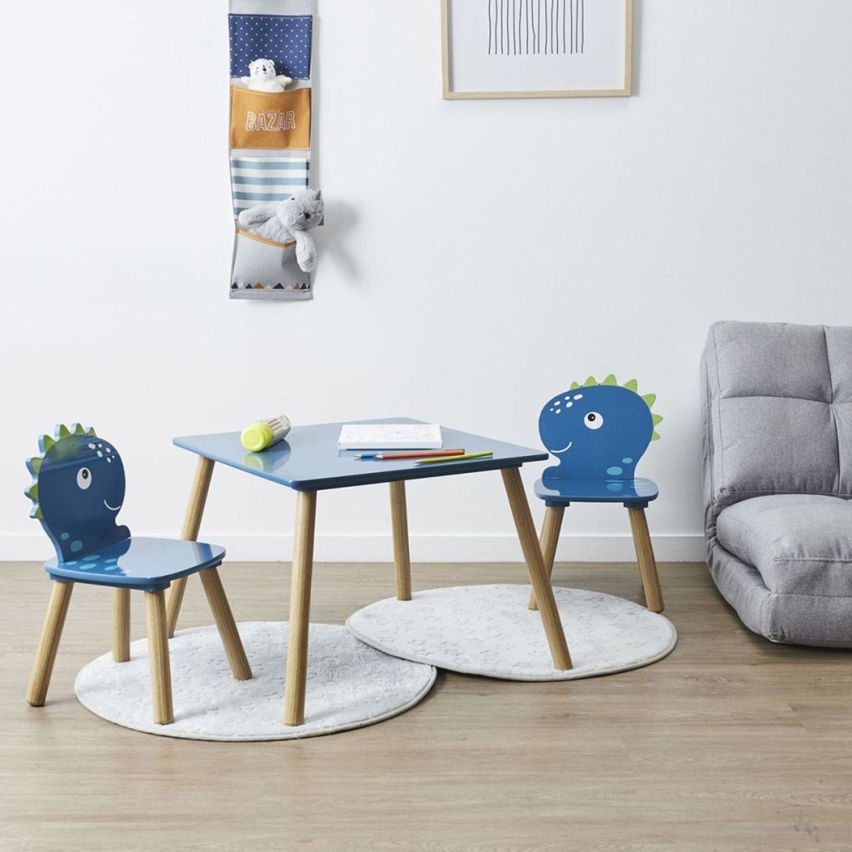 Table et 2 chaises Dino pour enfant bleu, DECORATIE