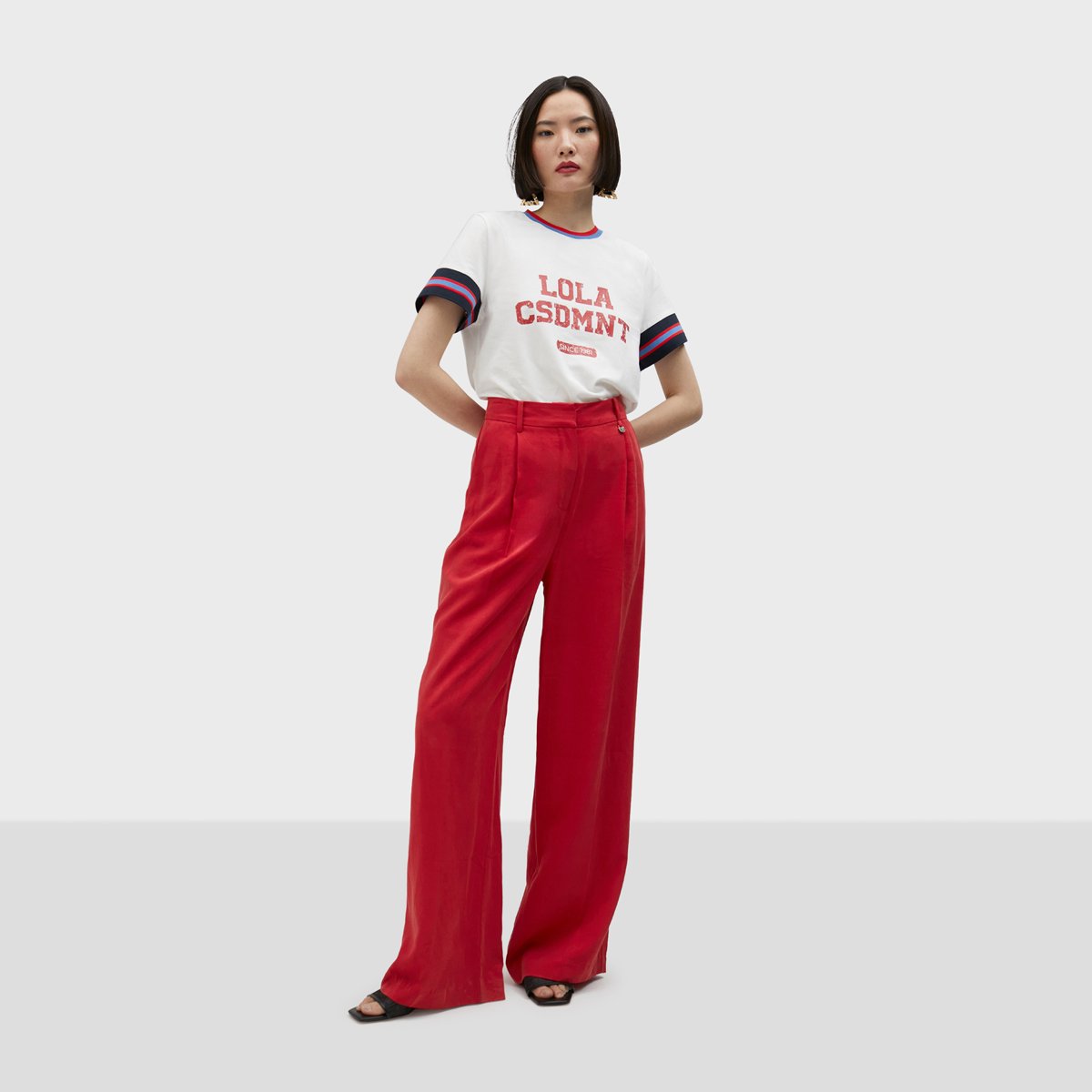 Pantalon palazzo taille haute en lin mélangé rouge foncé, LOLA CASADEMUNT
