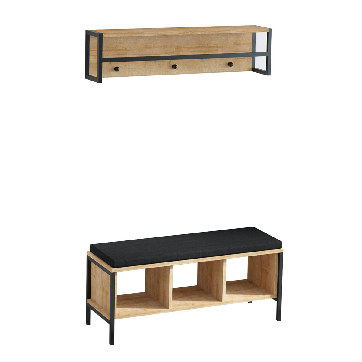 Banc d'entrée noir avec rangement et portemanteau MARFA bois naturel, PIER IMPORT