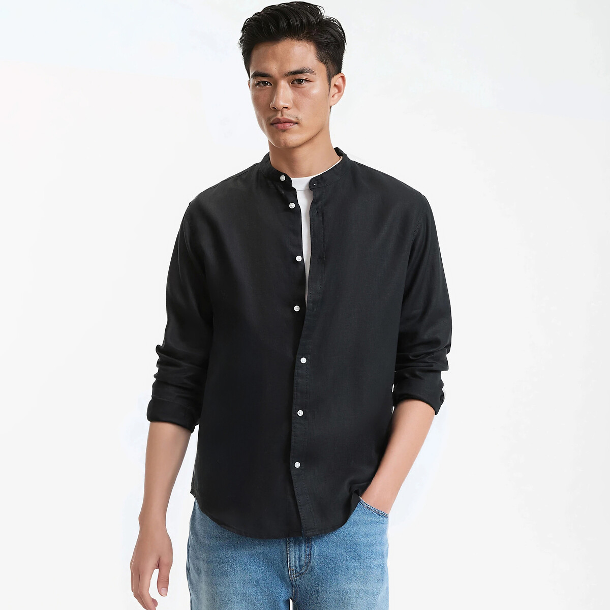 Chemise droite, col mao en lin, Signature AURELE noir, LA REDOUTE COLLECTIONS