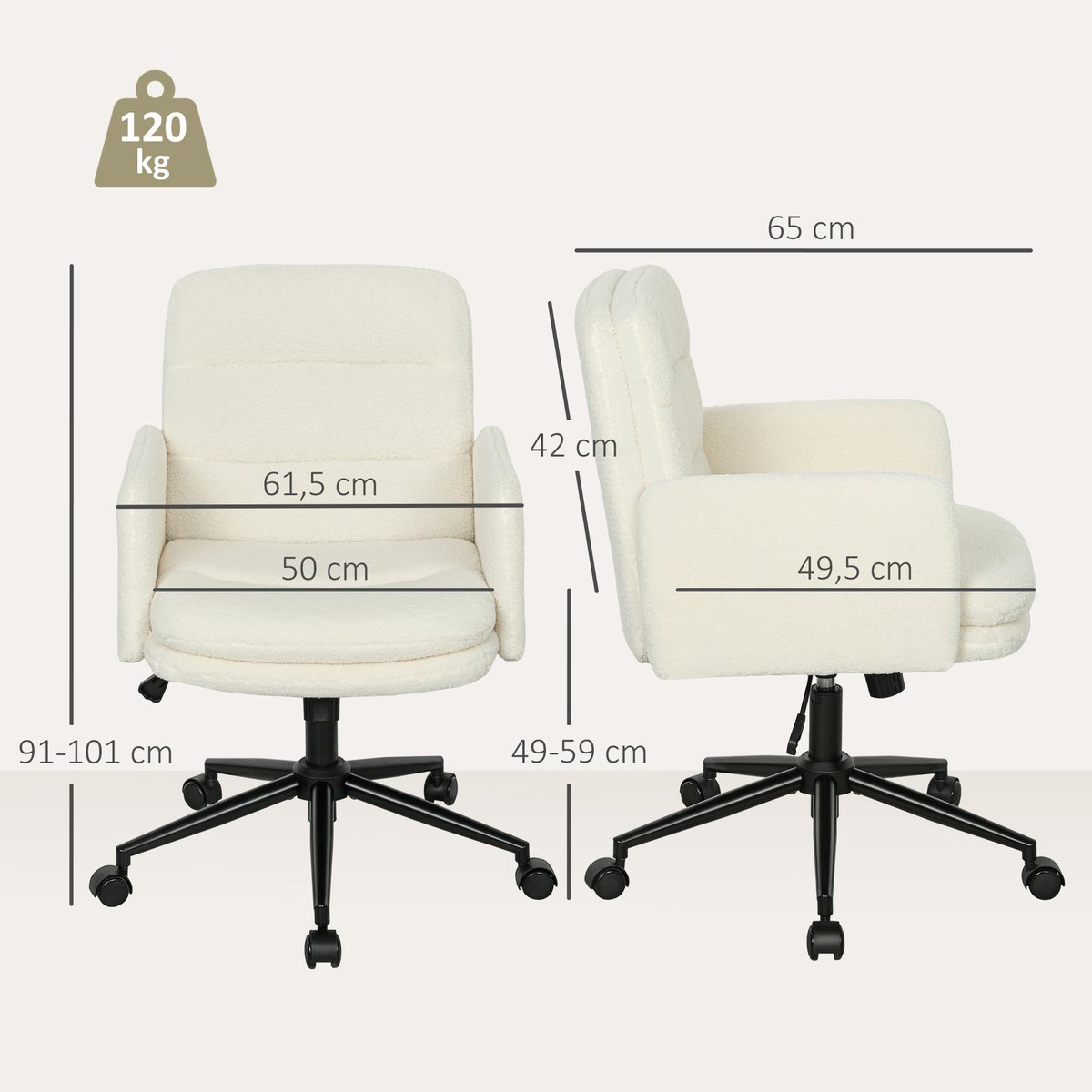Chaise de bureau Tissu effet laine bouclée crème, HOMCOM