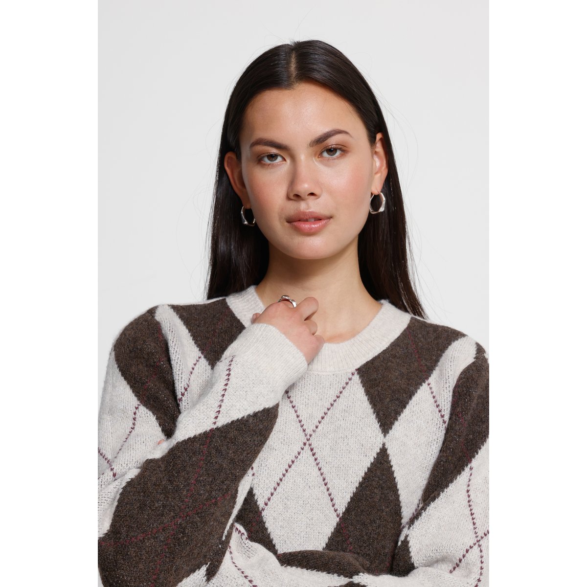 Á manches longues beige oatmeal, coffee bean harlequin, ICHI