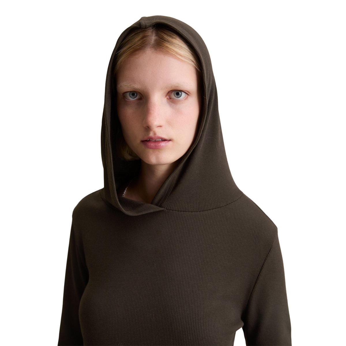 T-shirt long à capuche slim en doux jersey stretch coton bio modal marron foncé, MARC O’POLO DENIM