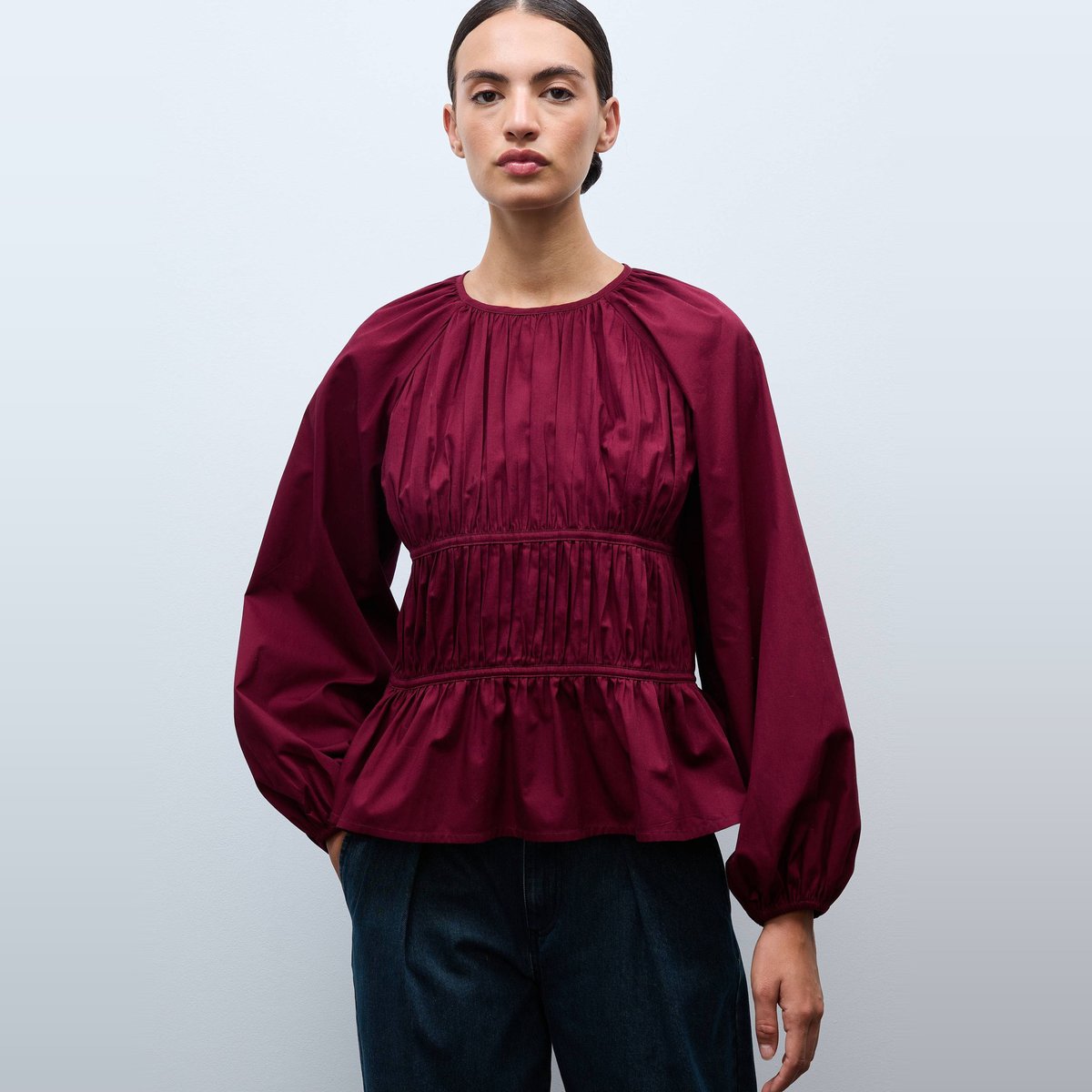 Blouse manches longues avec smocks uni en BIO GOTS porto, MONOPRIX