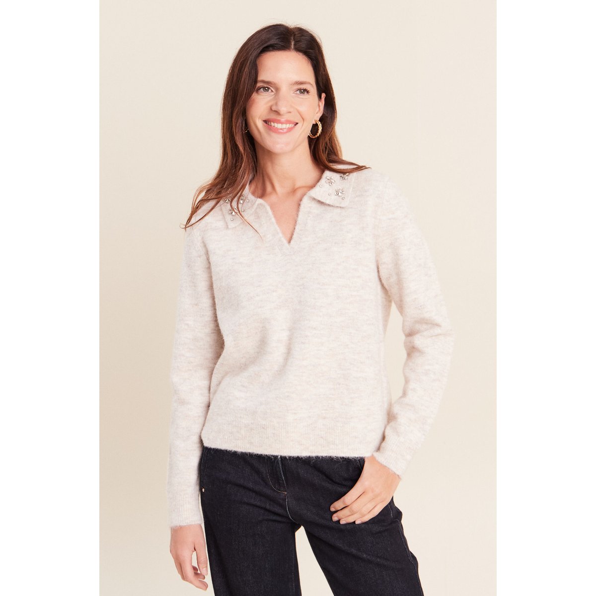 Polo manches longues col chemise beige, BREAL